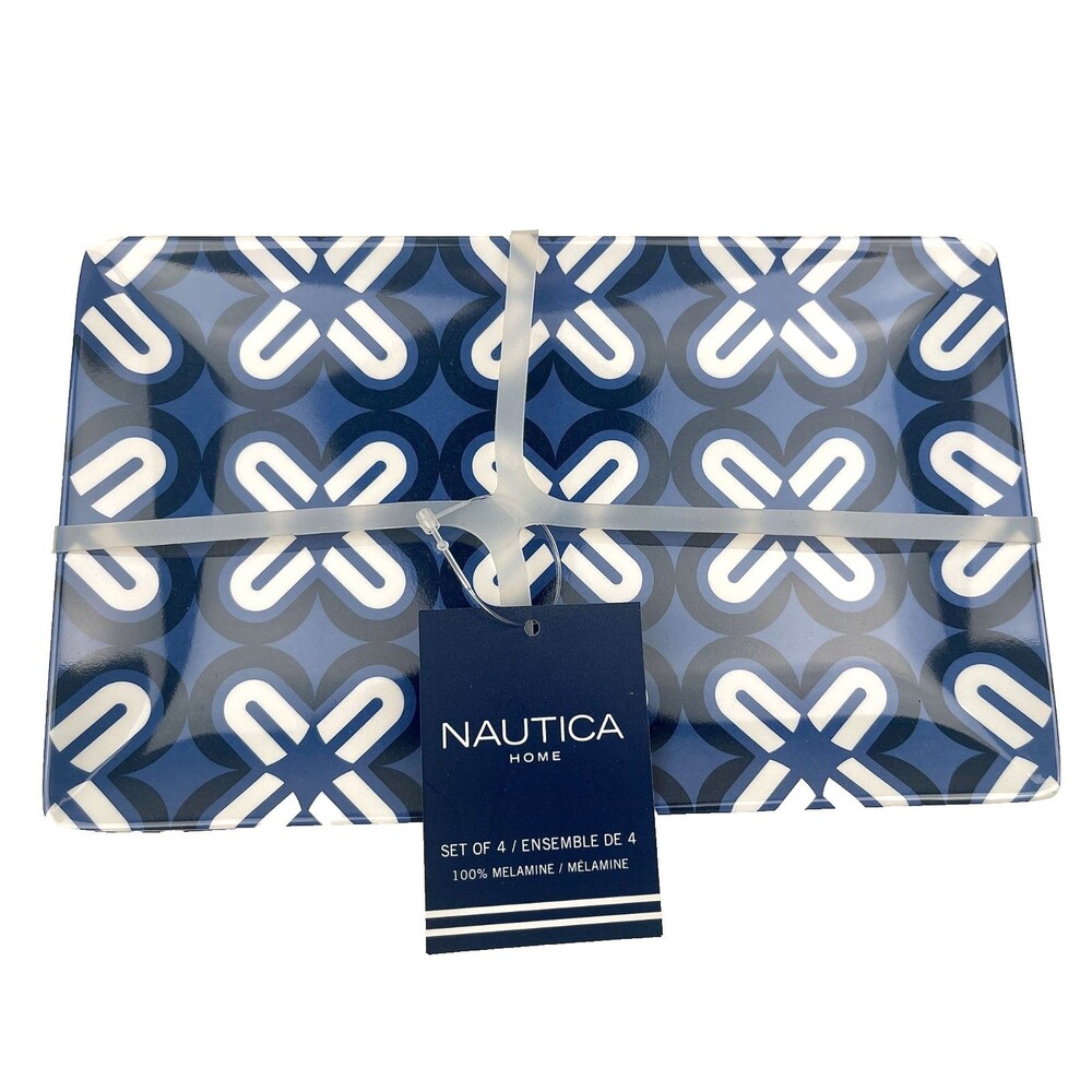 Nautica Home Melamine Rectangular Appetizer Plate Set of 4 Blue Geometric NWT